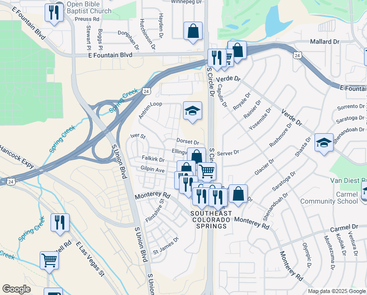 map of restaurants, bars, coffee shops, grocery stores, and more near 2488 Ellingwood Drive in Colorado Springs