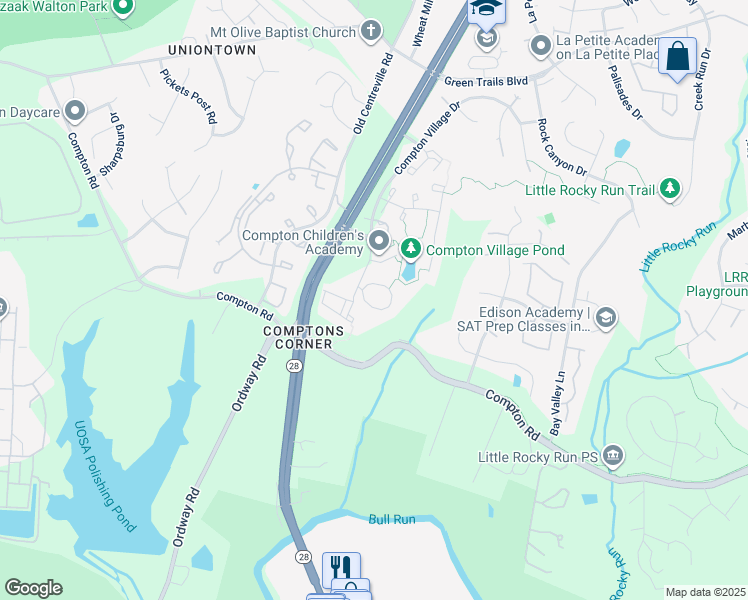 map of restaurants, bars, coffee shops, grocery stores, and more near 14309 Stonewater Court in Centreville