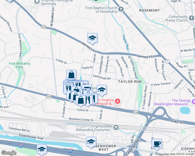 map of restaurants, bars, coffee shops, grocery stores, and more near 260 Cambridge Road in Alexandria
