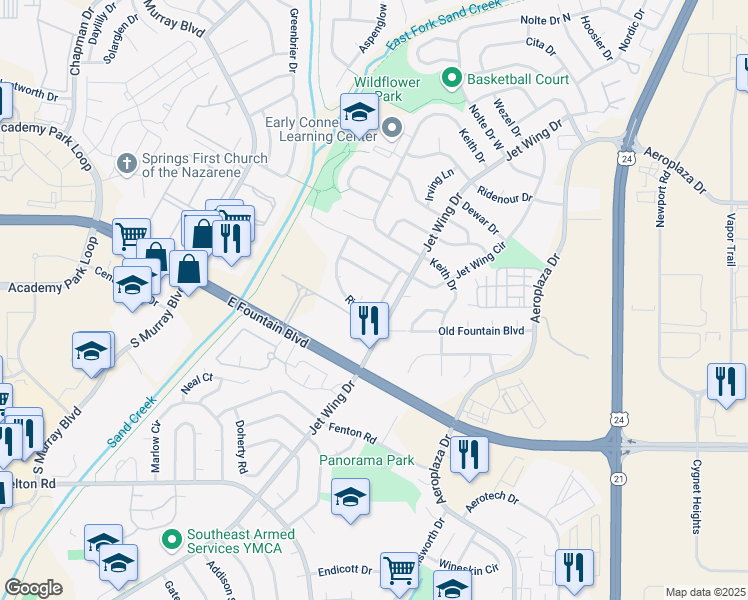 map of restaurants, bars, coffee shops, grocery stores, and more near 1430 Challenger Avenue in Colorado Springs