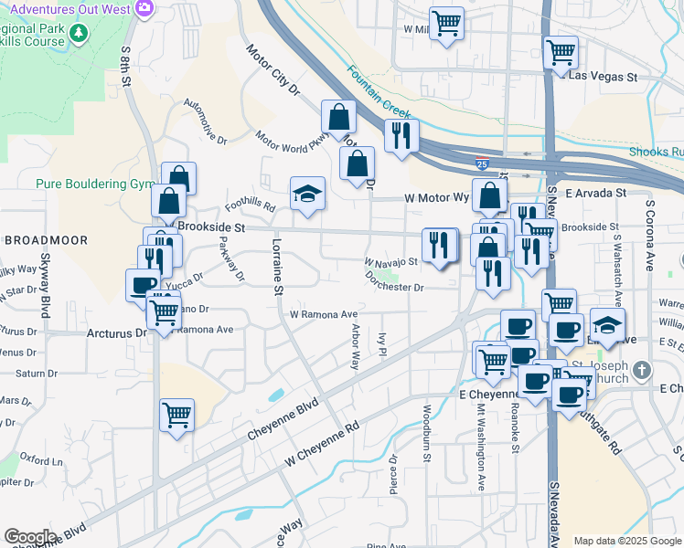 map of restaurants, bars, coffee shops, grocery stores, and more near 310 Yucca Circle in Colorado Springs