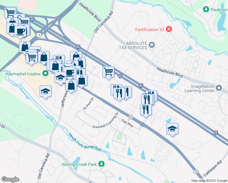 map of restaurants, bars, coffee shops, grocery stores, and more near 14721 Dogwood Park Lane in Haymarket