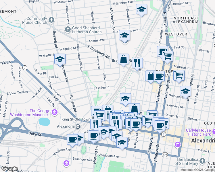 map of restaurants, bars, coffee shops, grocery stores, and more near 102 East Linden Street in Alexandria