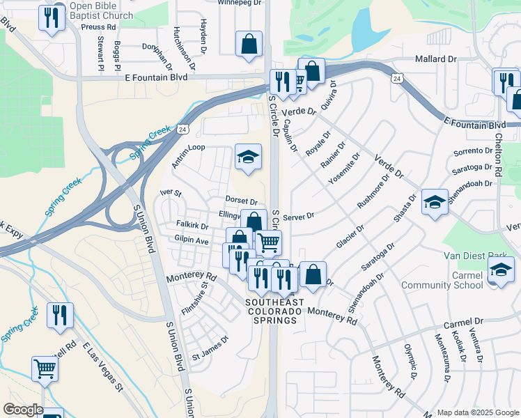 map of restaurants, bars, coffee shops, grocery stores, and more near 2563 Dorset Drive in Colorado Springs