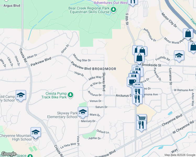 map of restaurants, bars, coffee shops, grocery stores, and more near 1005 Milky Way in Colorado Springs