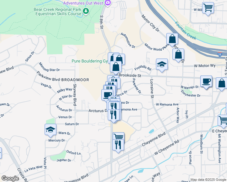 map of restaurants, bars, coffee shops, grocery stores, and more near 1541 South 8th Street in Colorado Springs