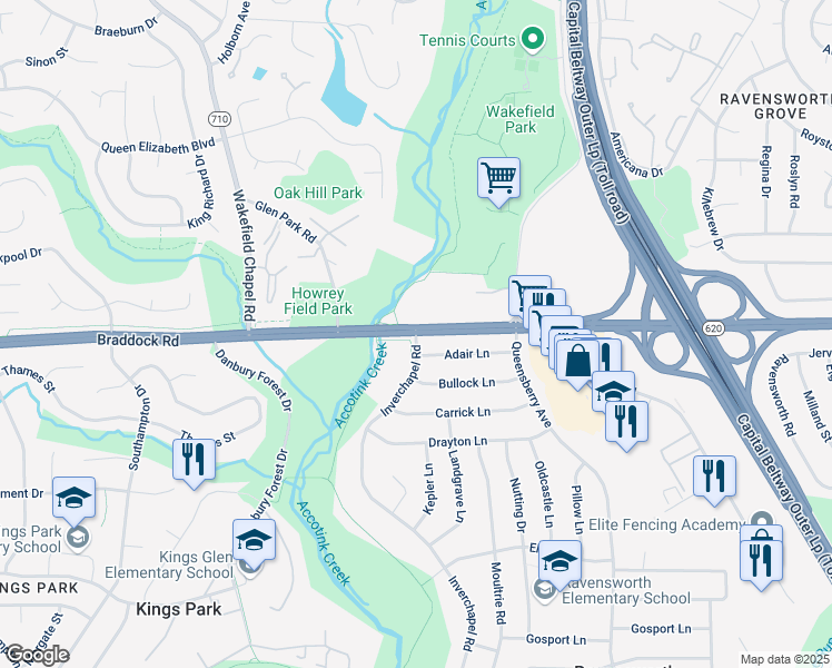 map of restaurants, bars, coffee shops, grocery stores, and more near Braddock Rd & Inverchapel Rd in North Springfield