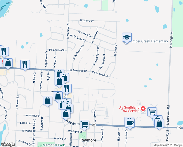 map of restaurants, bars, coffee shops, grocery stores, and more near 103 East Foxwood Drive in Raymore