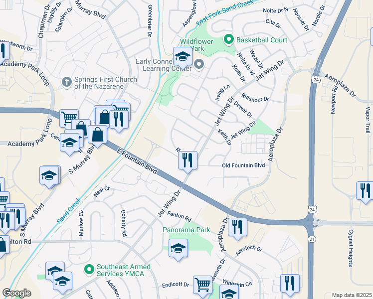 map of restaurants, bars, coffee shops, grocery stores, and more near 1430 Challenger Avenue in Colorado Springs