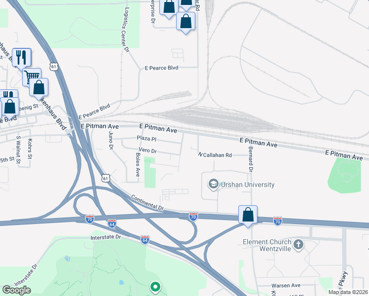 map of restaurants, bars, coffee shops, grocery stores, and more near 14 Foster Lane in Wentzville