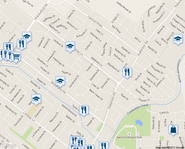map of restaurants, bars, coffee shops, grocery stores, and more near 865 Iris Drive in Florissant