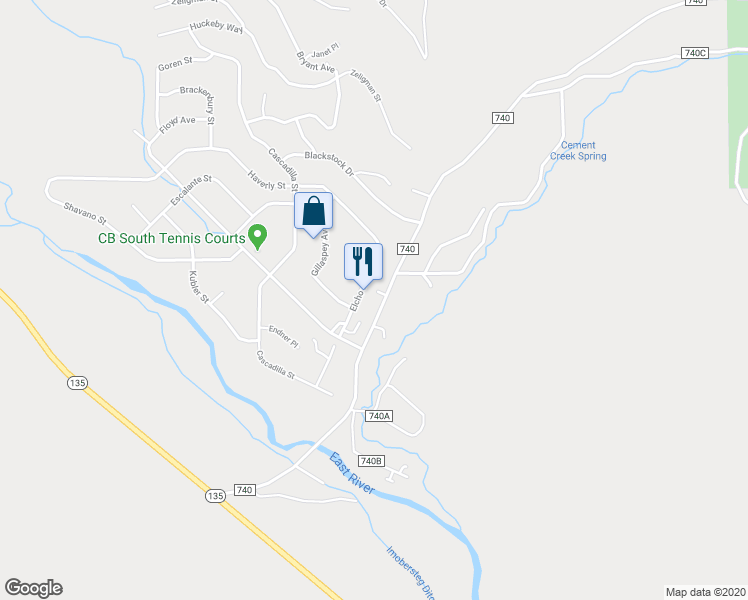 map of restaurants, bars, coffee shops, grocery stores, and more near 225 Cement Creek Road in Crested Butte