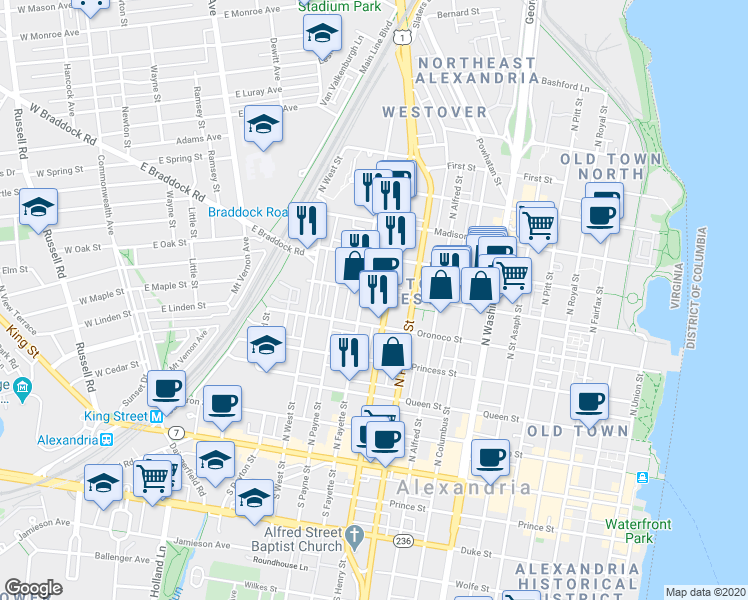 map of restaurants, bars, coffee shops, grocery stores, and more near 525 North Fayette Street in Alexandria