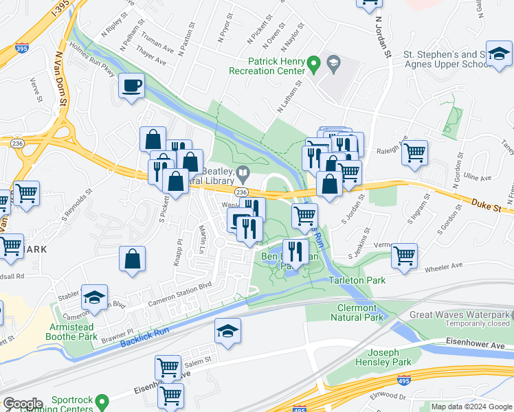 map of restaurants, bars, coffee shops, grocery stores, and more near 4905 Waple Lane in Alexandria