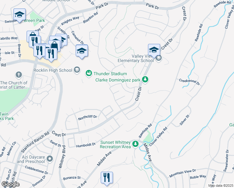 map of restaurants, bars, coffee shops, grocery stores, and more near 3202 Thistle Court in Rocklin