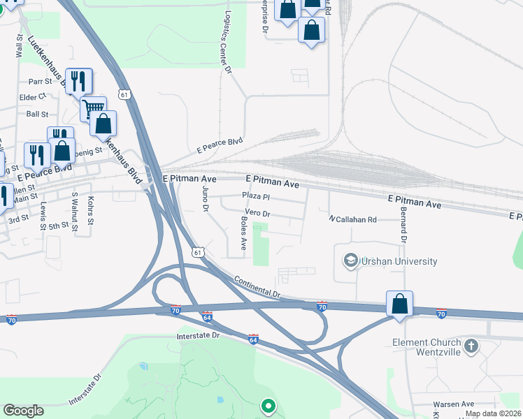 map of restaurants, bars, coffee shops, grocery stores, and more near 1431 Vero Drive in Wentzville