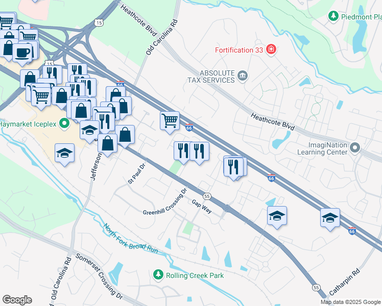 map of restaurants, bars, coffee shops, grocery stores, and more near 14698 Dogwood Park Lane in Haymarket