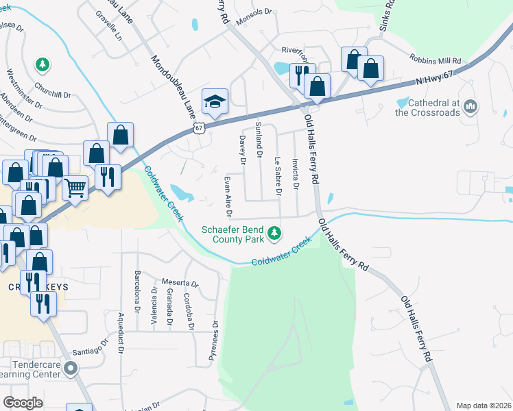 map of restaurants, bars, coffee shops, grocery stores, and more near 3890 Cordin Drive in Florissant