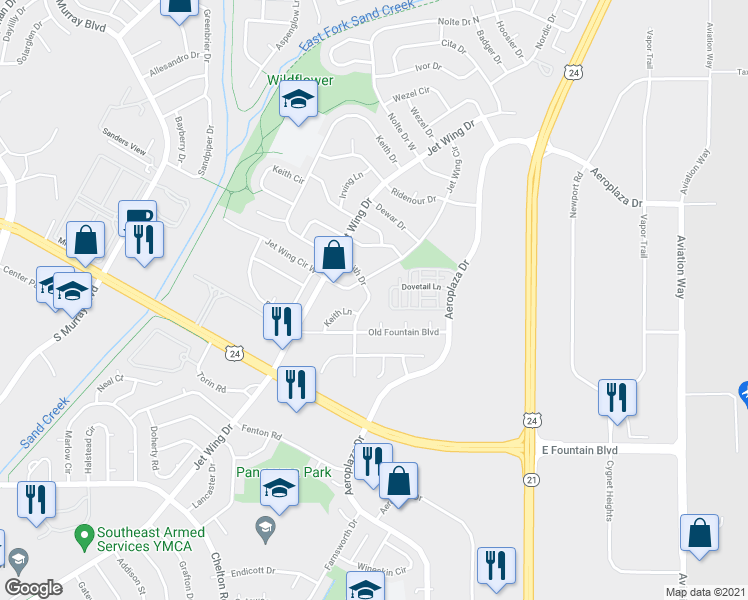 map of restaurants, bars, coffee shops, grocery stores, and more near 1490 Keith Drive in Colorado Springs