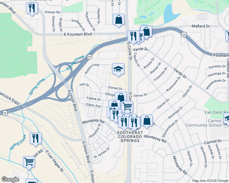 map of restaurants, bars, coffee shops, grocery stores, and more near 2488 Ellingwood Drive in Colorado Springs