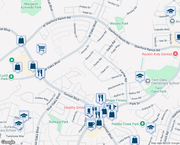 map of restaurants, bars, coffee shops, grocery stores, and more near 5861 Devon Drive in Rocklin