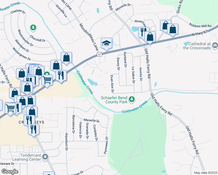 map of restaurants, bars, coffee shops, grocery stores, and more near 3724 Candlewyck Club Drive in Florissant