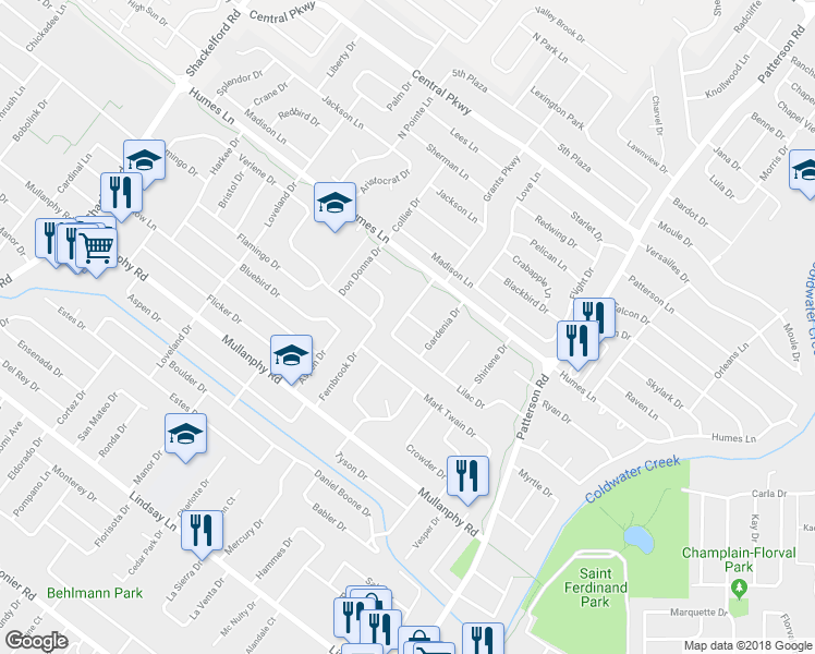 map of restaurants, bars, coffee shops, grocery stores, and more near 1805 Violet Drive in Florissant