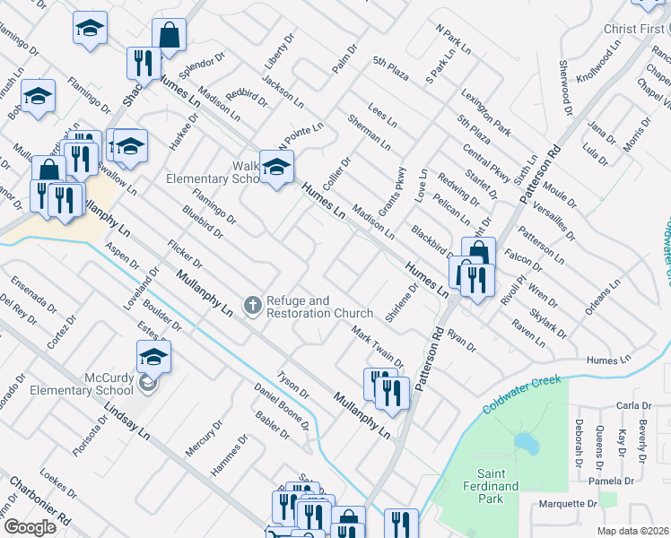 map of restaurants, bars, coffee shops, grocery stores, and more near 1805 Violet Drive in Florissant