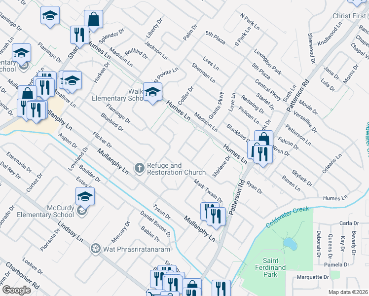 map of restaurants, bars, coffee shops, grocery stores, and more near 1805 Violet Drive in Florissant