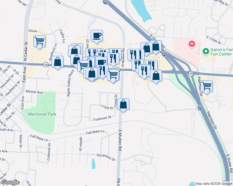map of restaurants, bars, coffee shops, grocery stores, and more near 202 Canal Street in Belton
