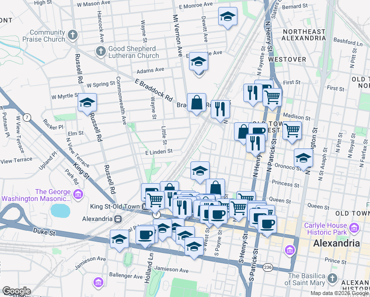 map of restaurants, bars, coffee shops, grocery stores, and more near 309 Mount Vernon Avenue in Alexandria