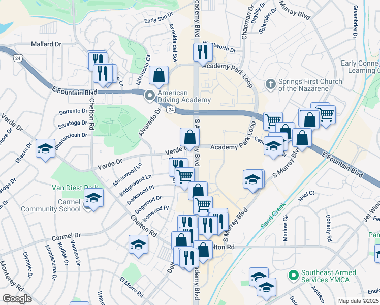 map of restaurants, bars, coffee shops, grocery stores, and more near 3765 Verde Drive in Colorado Springs