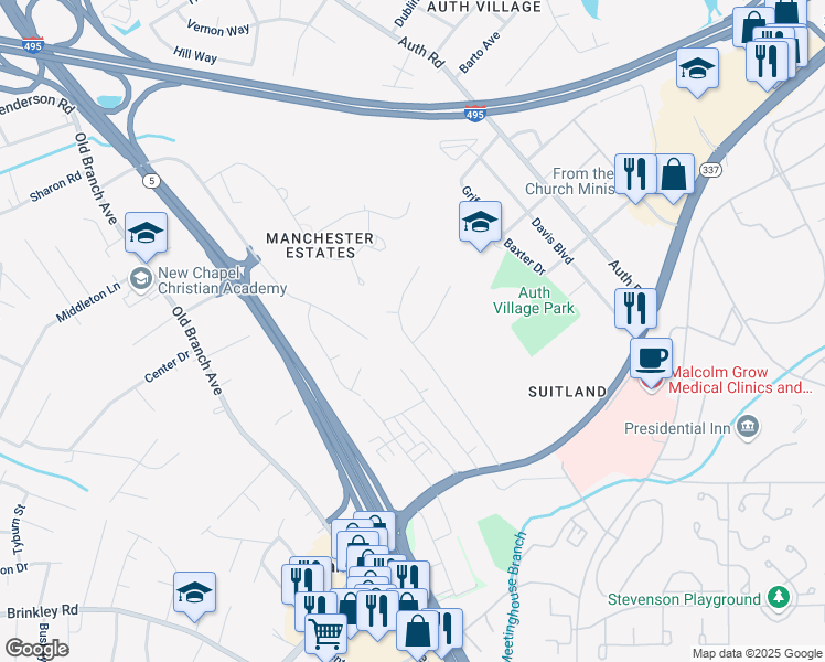 map of restaurants, bars, coffee shops, grocery stores, and more near 5704 Leon Street in Camp Springs