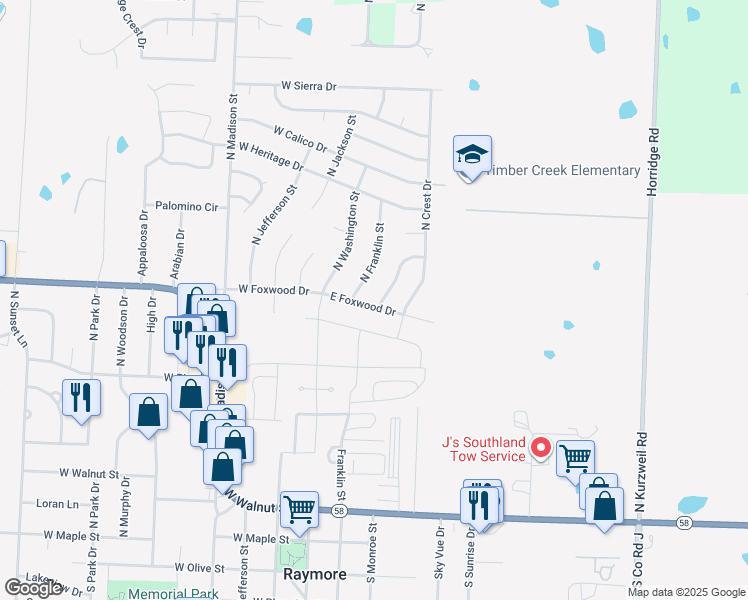 map of restaurants, bars, coffee shops, grocery stores, and more near 120 East Foxwood Drive in Raymore
