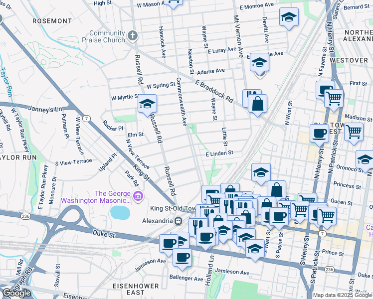 map of restaurants, bars, coffee shops, grocery stores, and more near 4 West Maple Street in Alexandria
