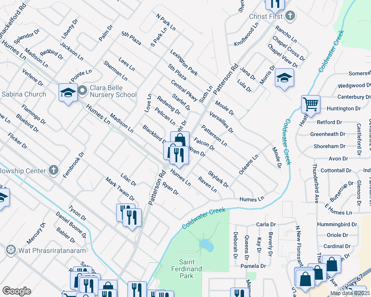 map of restaurants, bars, coffee shops, grocery stores, and more near 2190 Patterson Road in Florissant