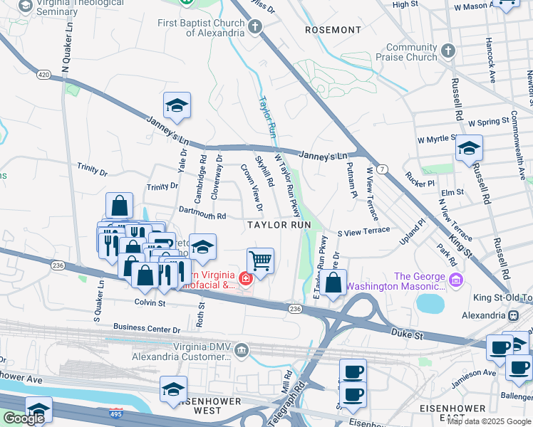 map of restaurants, bars, coffee shops, grocery stores, and more near 301 Crown View Drive in Alexandria