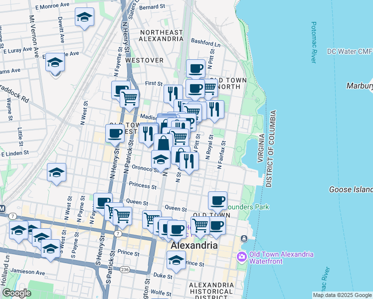 map of restaurants, bars, coffee shops, grocery stores, and more near 621 North Saint Asaph Street in Alexandria