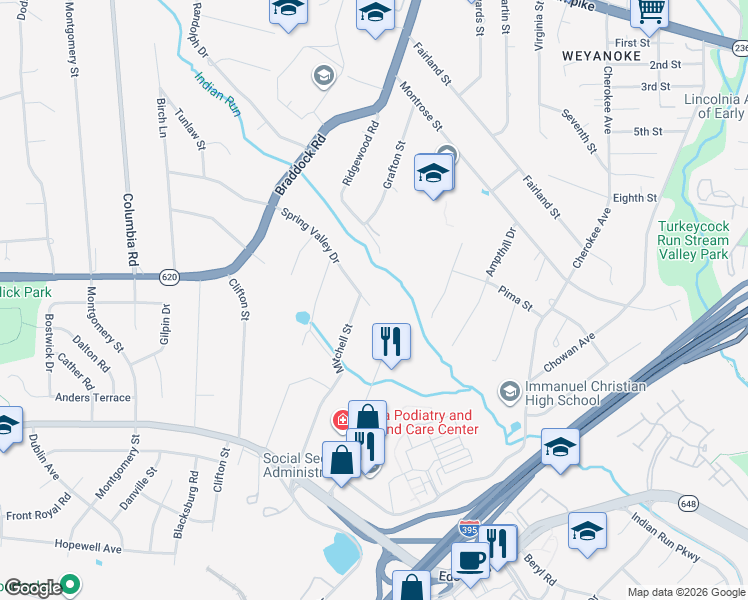 map of restaurants, bars, coffee shops, grocery stores, and more near 6518 Spring Valley Drive in Alexandria