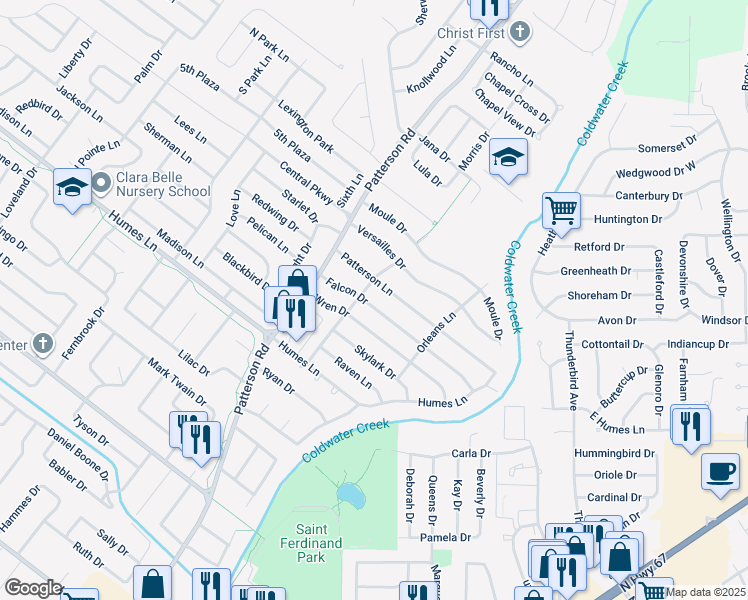 map of restaurants, bars, coffee shops, grocery stores, and more near 485 Falcon Dr in Florissant
