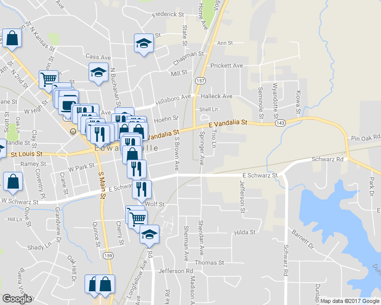 map of restaurants, bars, coffee shops, grocery stores, and more near 514 East Vandalia Street in Edwardsville