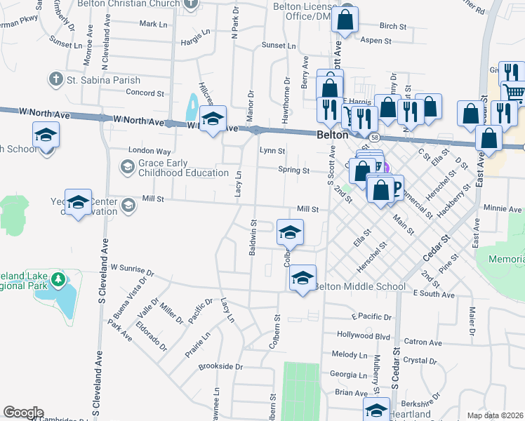 map of restaurants, bars, coffee shops, grocery stores, and more near 215 Mill Street in Belton
