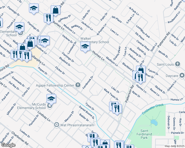 map of restaurants, bars, coffee shops, grocery stores, and more near 1795 Fernbrook Drive in Florissant