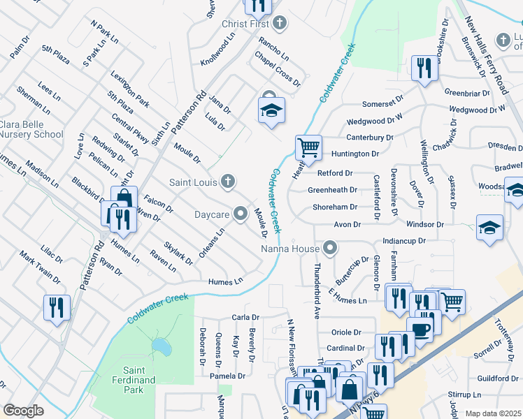 map of restaurants, bars, coffee shops, grocery stores, and more near 315 Moule Drive in Florissant