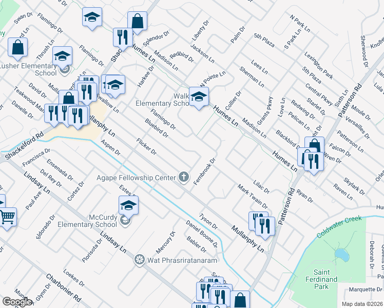 map of restaurants, bars, coffee shops, grocery stores, and more near 1120 Bluebird Drive in Florissant