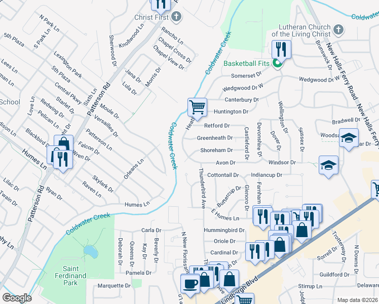 map of restaurants, bars, coffee shops, grocery stores, and more near 1961 Shoreham Drive in Florissant
