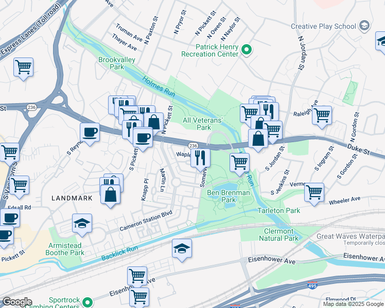 map of restaurants, bars, coffee shops, grocery stores, and more near 4925 Waple Lane in Alexandria