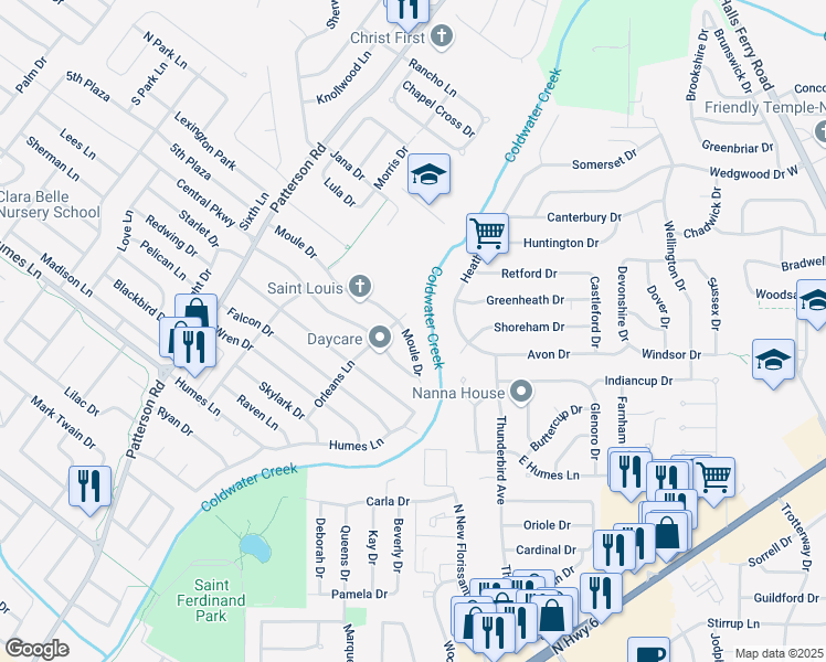 map of restaurants, bars, coffee shops, grocery stores, and more near 315 Moule Drive in Florissant