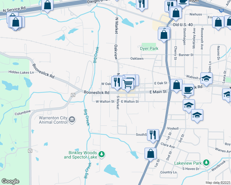 map of restaurants, bars, coffee shops, grocery stores, and more near 131 West Booneslick Road in Warrenton