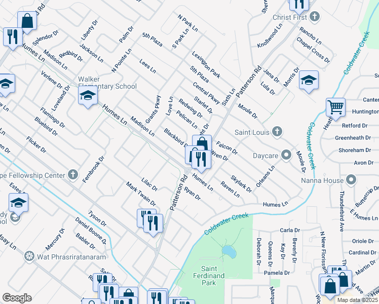 map of restaurants, bars, coffee shops, grocery stores, and more near 620 Blackbird Drive in Florissant